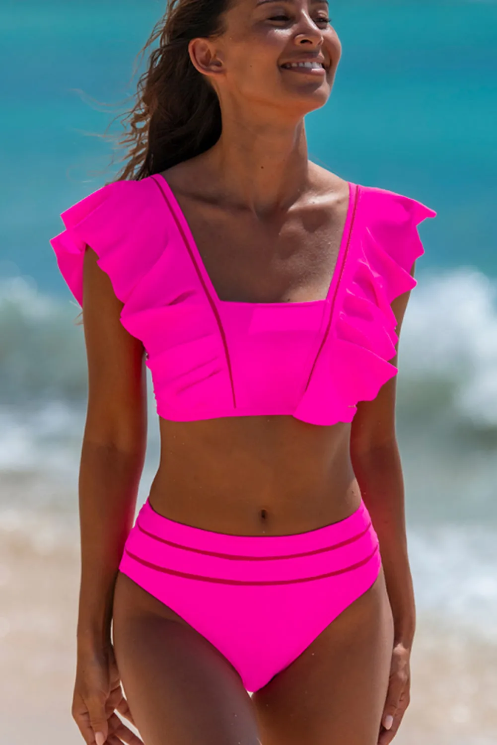Rose Red Tie Back Ruffled 2pcs Bikini Swimsuit sold by Beagle Boutique product image thumbnail 3