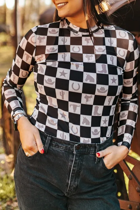 Black Checkerboard Western Elements Printed Mesh Long Sleeve Top sold by Beagle Boutique