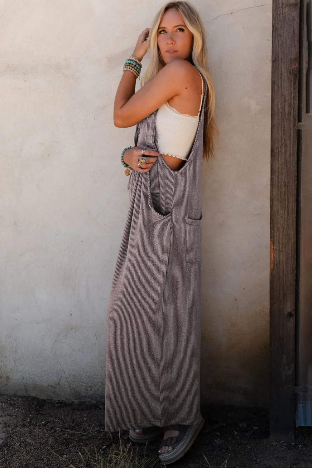 Philippine Grey Ribbed Adjustable Straps Wide Leg Loose Overall sold by Beagle Boutique product image thumbnail 3