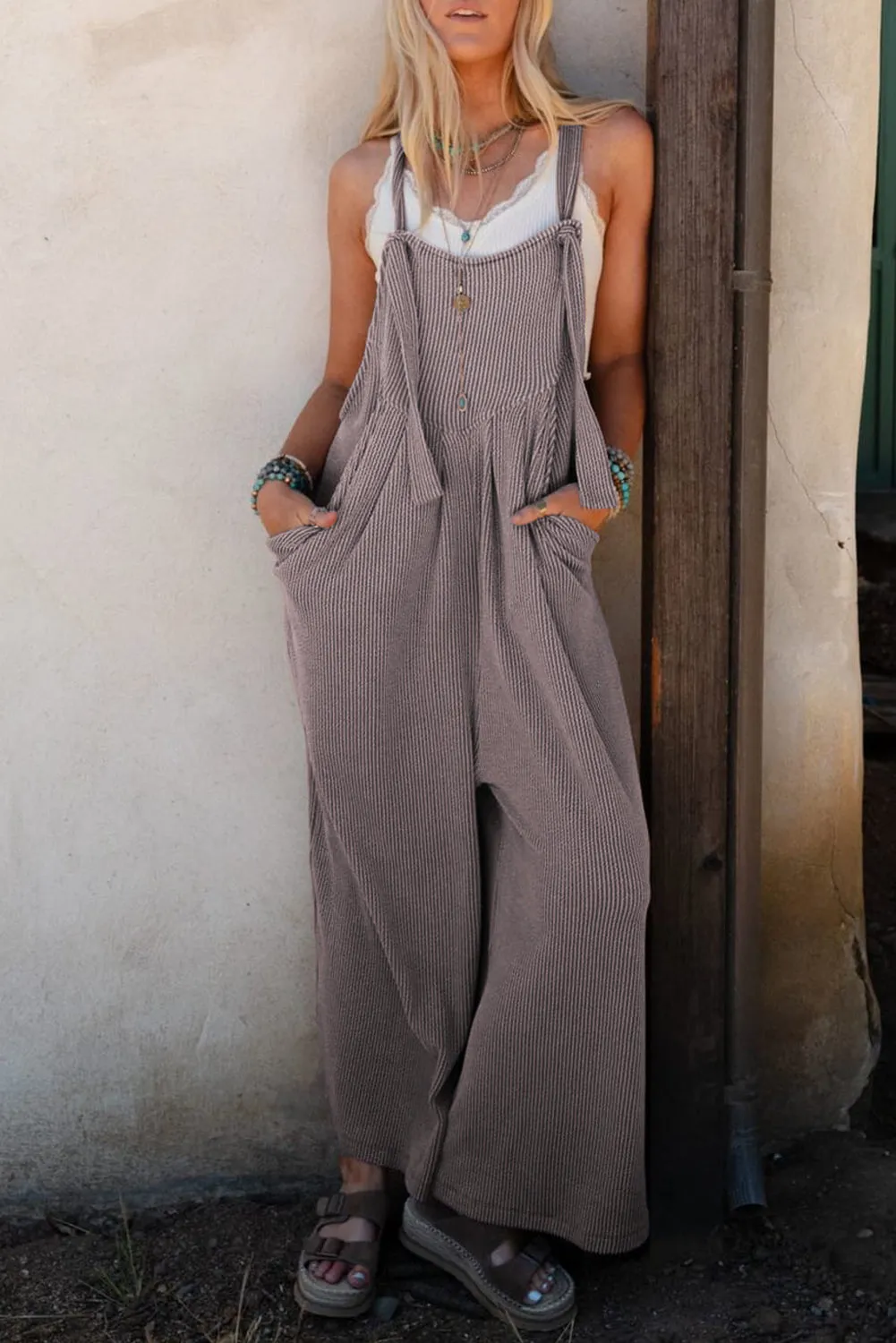 Philippine Grey Ribbed Adjustable Straps Wide Leg Loose Overall sold by Beagle Boutique