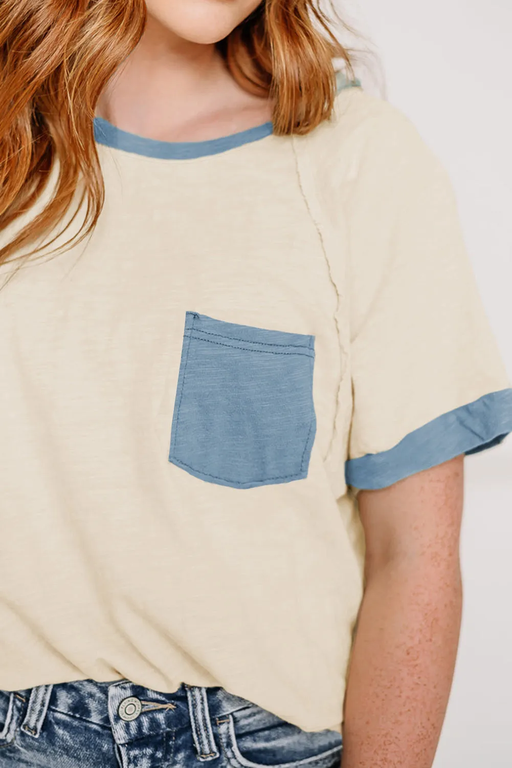 Beige Raw Seam Contrast Color Patchwork Plus Size Top sold by Beagle Boutique product image thumbnail 3