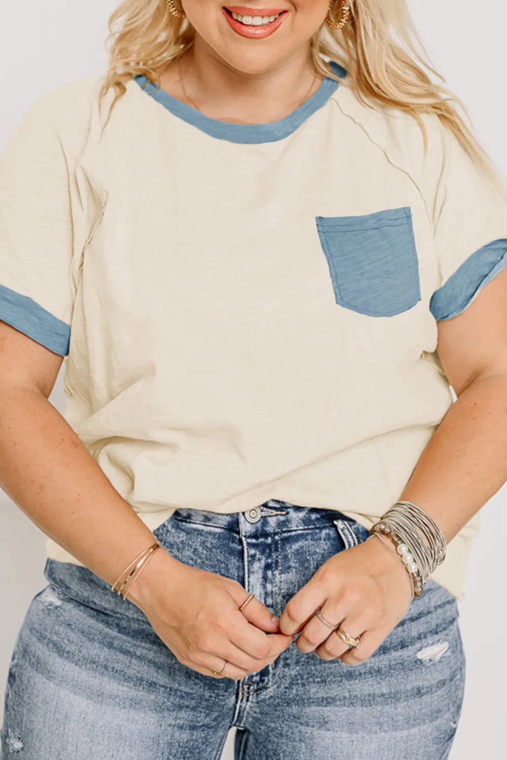 Beige Raw Seam Contrast Color Patchwork Plus Size Top sold by Beagle Boutique