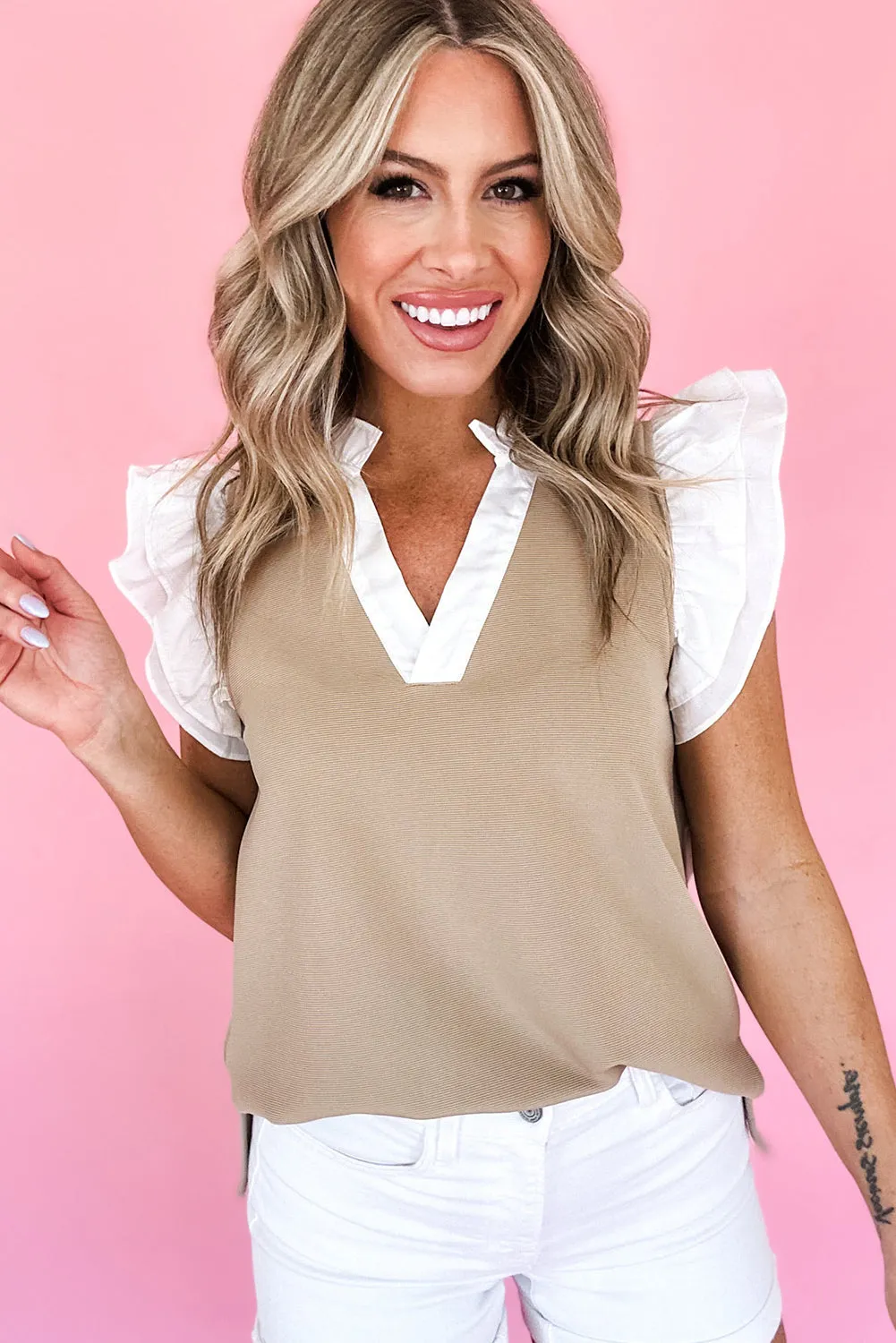 Pale Khaki Contrast V Neck Ruffled Textured Knit Top sold by Beagle Boutique product image thumbnail 3