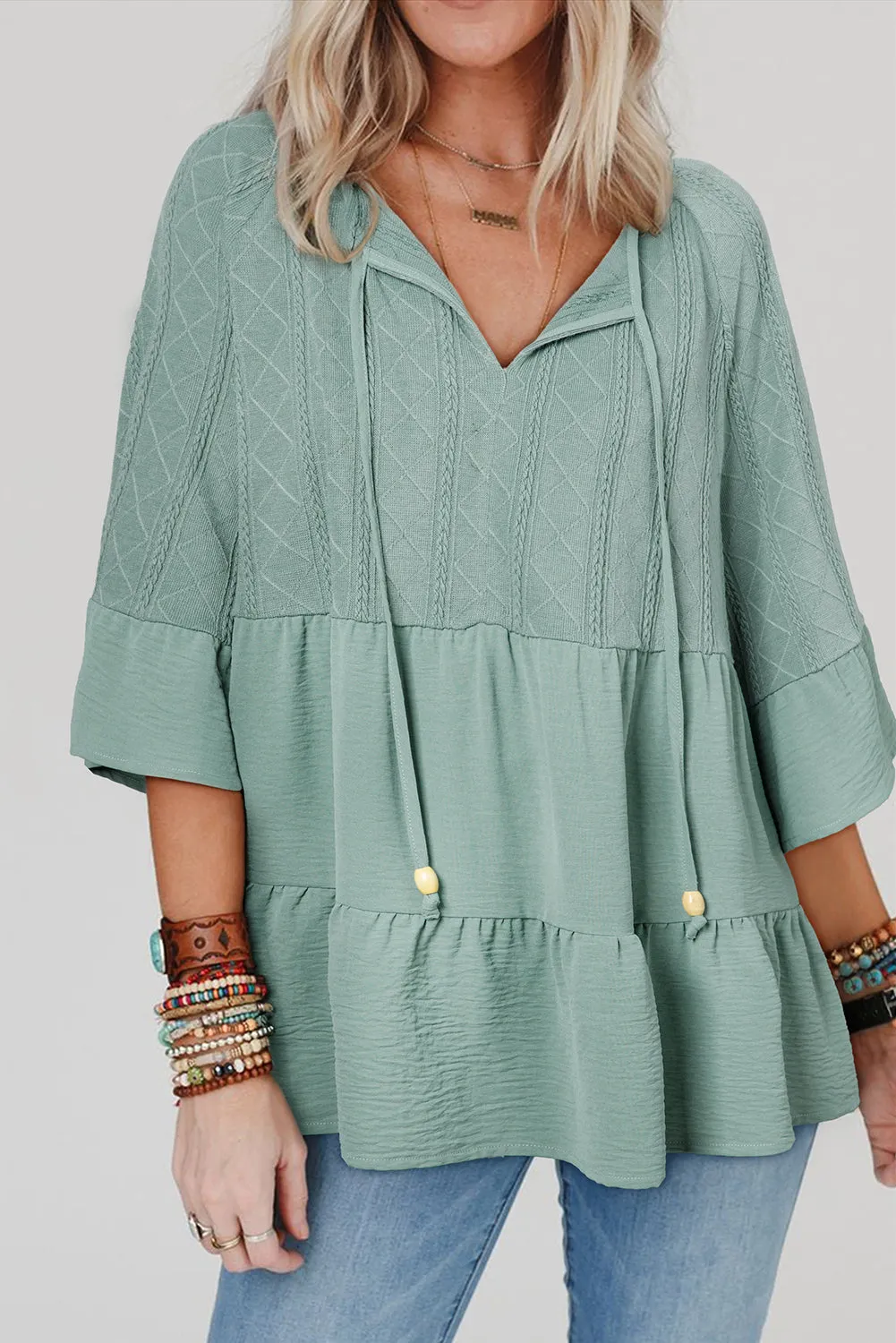 Laurel Green Tie Split Neck Textured Ruffle Patchwork Blouse sold by Beagle Boutique