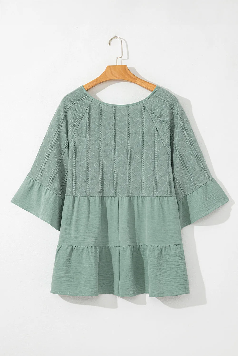 Laurel Green Tie Split Neck Textured Ruffle Patchwork Blouse sold by Beagle Boutique product image thumbnail 4
