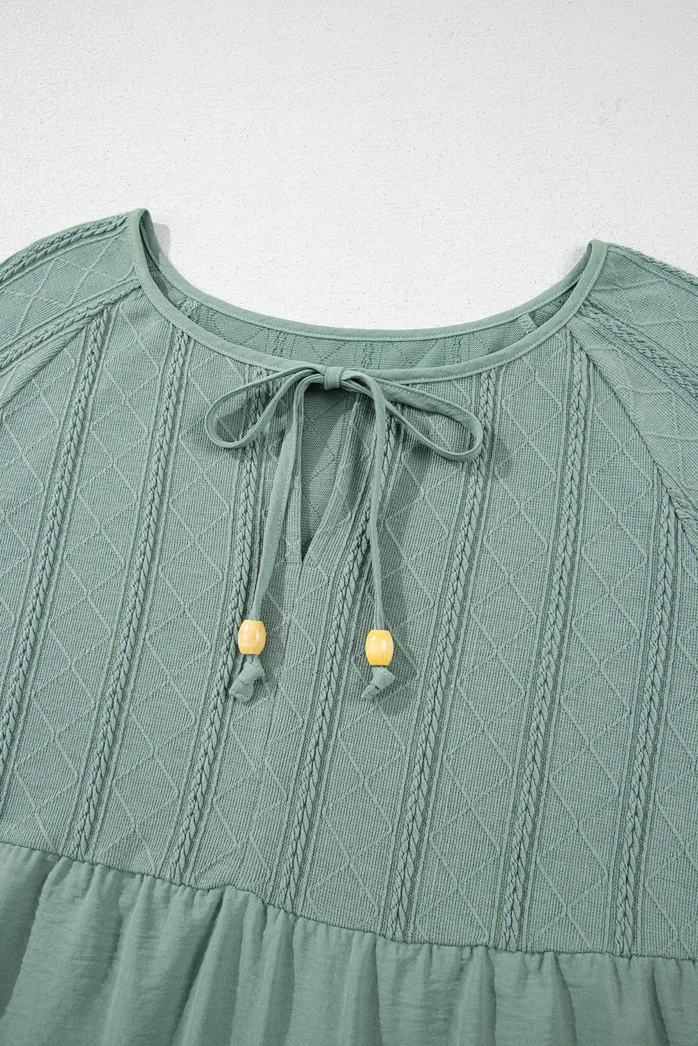 Laurel Green Tie Split Neck Textured Ruffle Patchwork Blouse sold by Beagle Boutique product image thumbnail 5