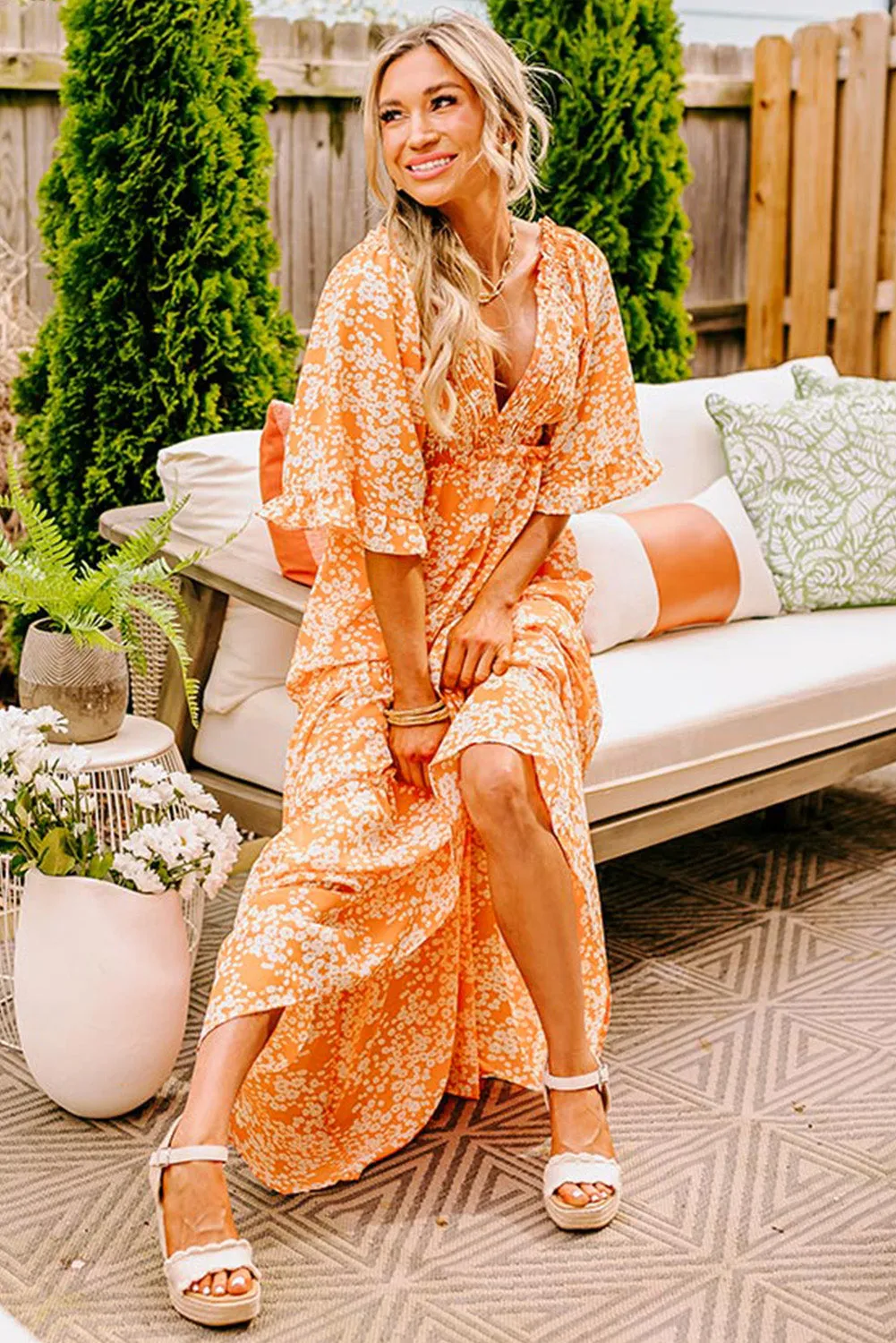 Orange Floral Print Smocked V Neck Wide Sleeve Maxi Dress sold by Beagle Boutique product image thumbnail 3