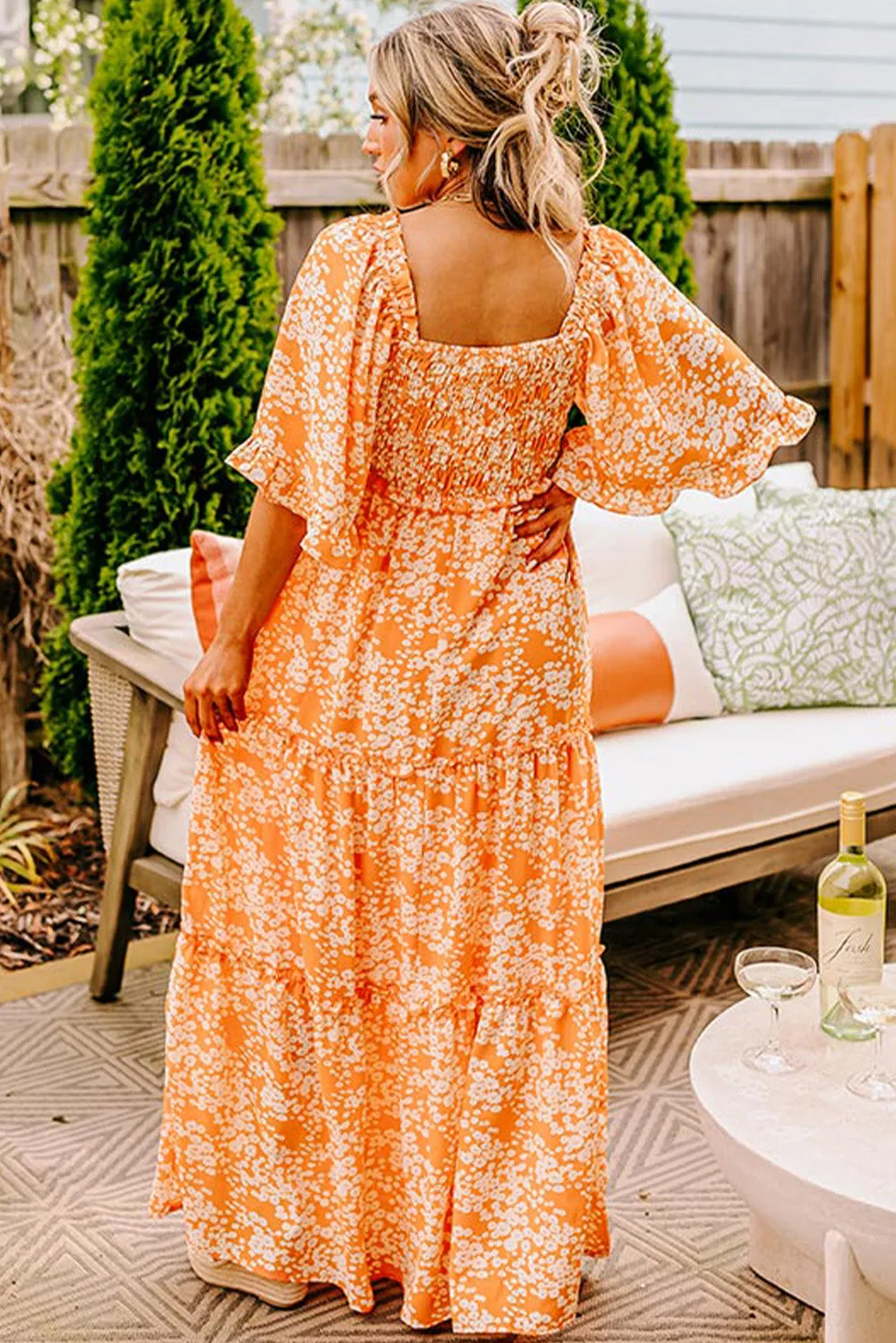 Orange Floral Print Smocked V Neck Wide Sleeve Maxi Dress sold by Beagle Boutique product image thumbnail 2