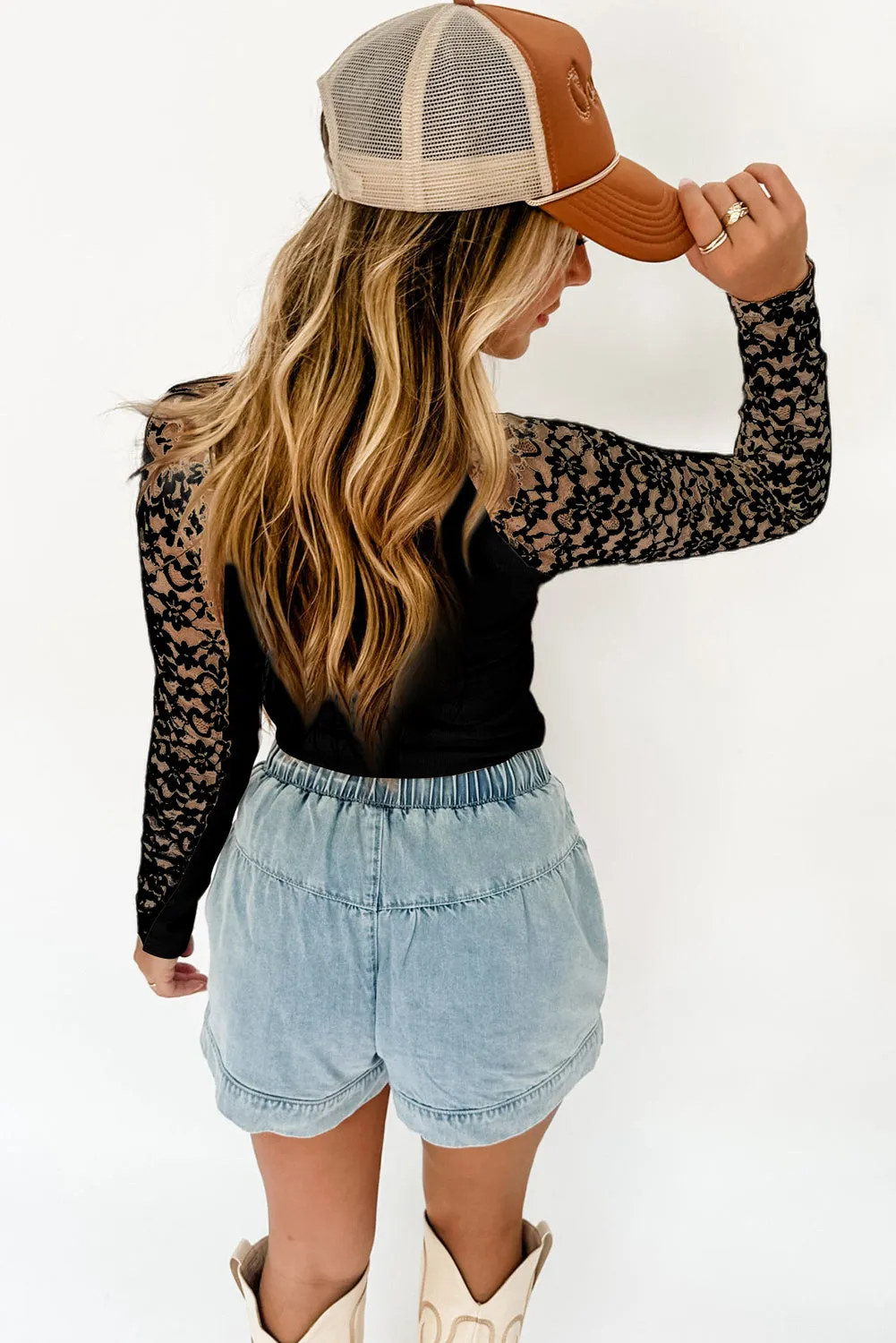 Black Floral Lace Patchwork Long Sleeve High Neck Slim Top sold by Beagle Boutique product image thumbnail 2