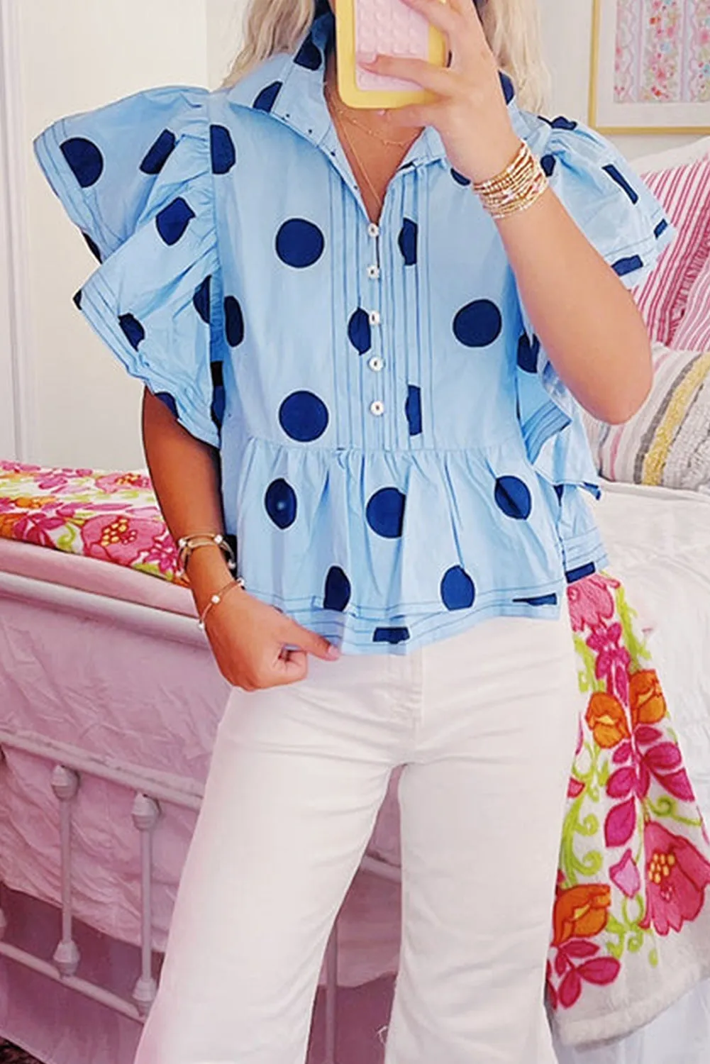 Sky Blue Polka Dot Print Ruffled Short Sleeve Buttoned Collared Blouse sold by Beagle Boutique