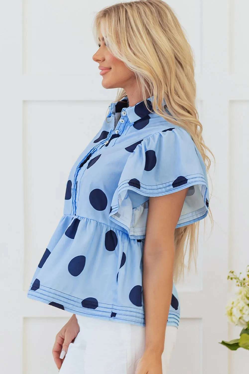 Sky Blue Polka Dot Print Ruffled Short Sleeve Buttoned Collared Blouse sold by Beagle Boutique product image thumbnail 5