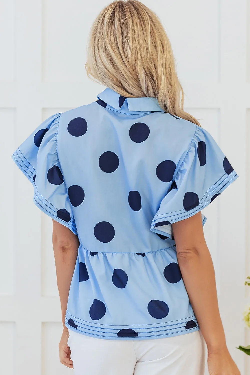 Sky Blue Polka Dot Print Ruffled Short Sleeve Buttoned Collared Blouse sold by Beagle Boutique product image thumbnail 4