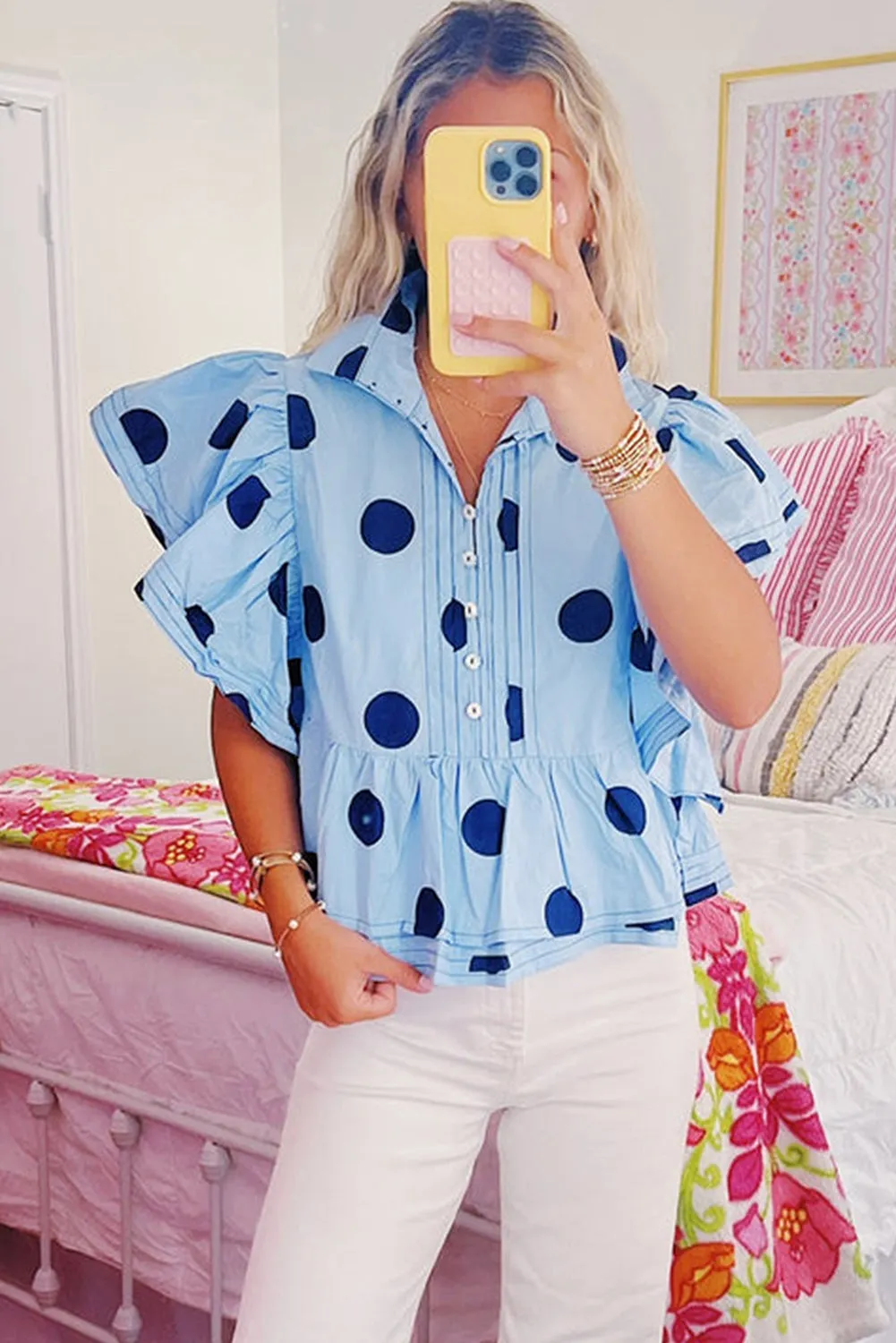 Sky Blue Polka Dot Print Ruffled Short Sleeve Buttoned Collared Blouse sold by Beagle Boutique product image thumbnail 2