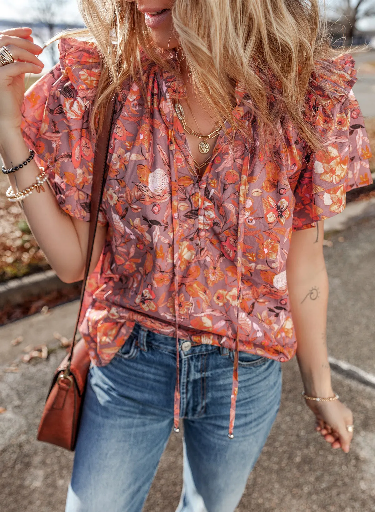 Orange Floral Print Ruffled Flutter Sleeve Frilled V Neck Blouse sold by Beagle Boutique product image thumbnail 4