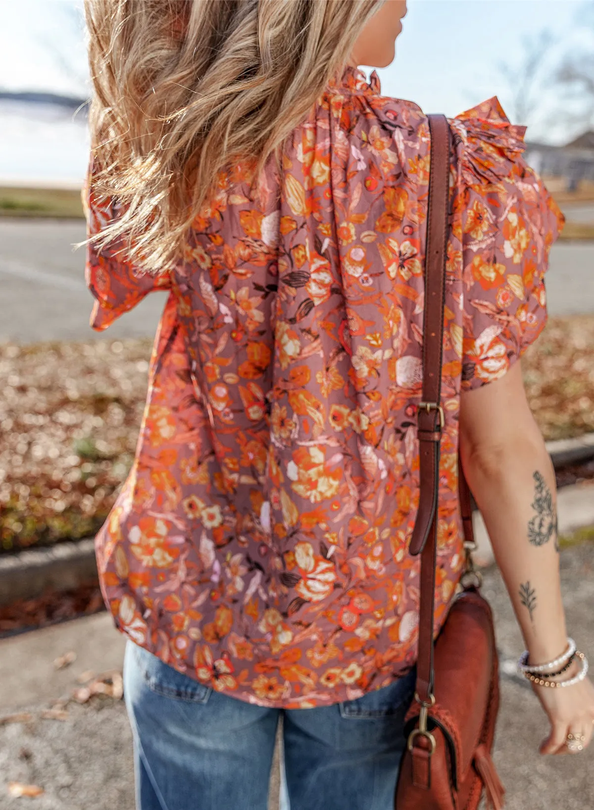 Orange Floral Print Ruffled Flutter Sleeve Frilled V Neck Blouse sold by Beagle Boutique product image thumbnail 2