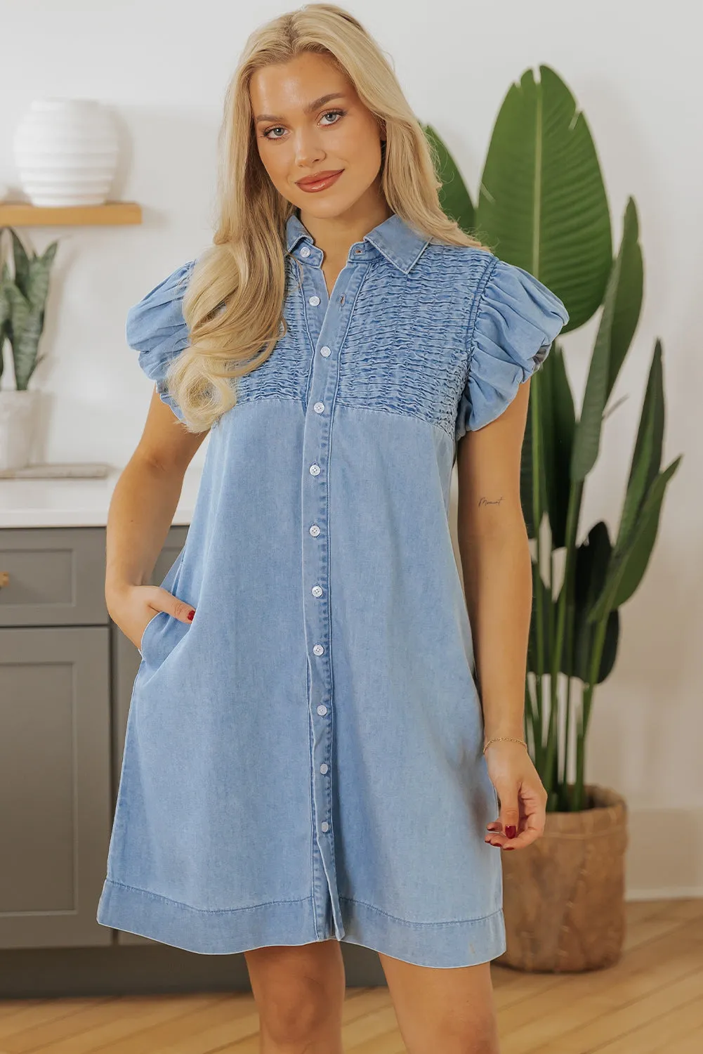 Beau Blue Flutter Sleeve Shirred Detail Button Up Denim Mini Dress sold by Beagle Boutique