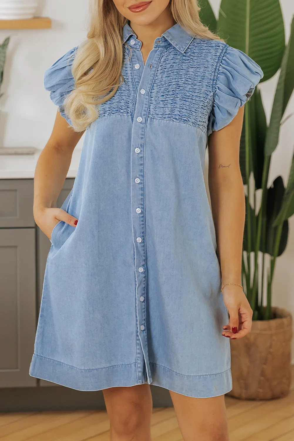 Beau Blue Flutter Sleeve Shirred Detail Button Up Denim Mini Dress sold by Beagle Boutique product image thumbnail 5