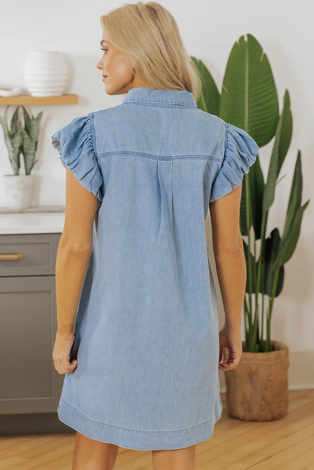 Beau Blue Flutter Sleeve Shirred Detail Button Up Denim Mini Dress sold by Beagle Boutique product image thumbnail 2
