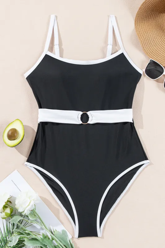 Black Contrast Trim Two Tone Belted One Piece Swimsuit sold by Beagle Boutique
