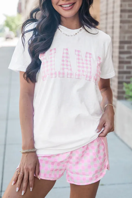 White MAMA Printed Tee and Plaid Shorts Lounge Set sold by Beagle Boutique