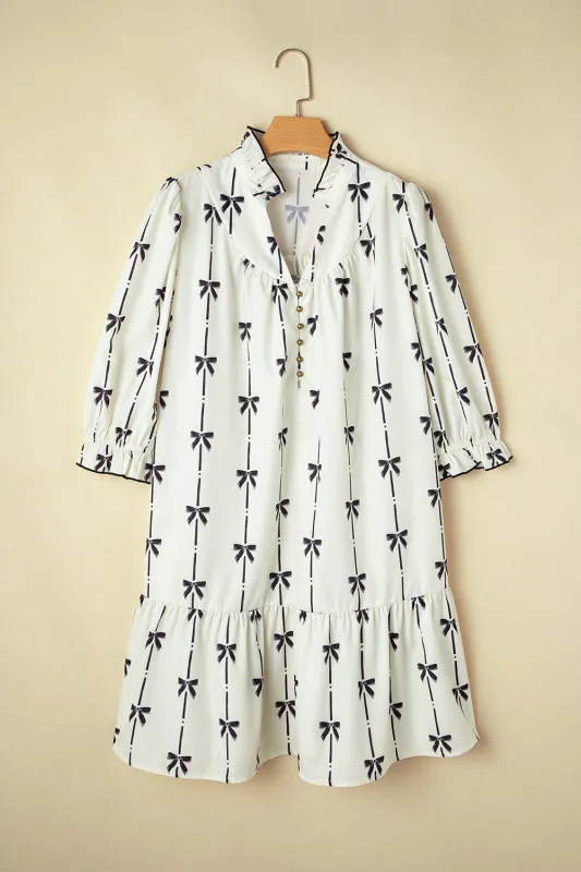 Apricot Bow Printed Puff Sleeve Ruffled Plus Size Mini Dress sold by Beagle Boutique