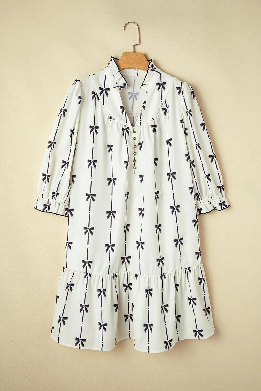 Apricot Bow Printed Puff Sleeve Ruffled Plus Size Mini Dress sold by Beagle Boutique