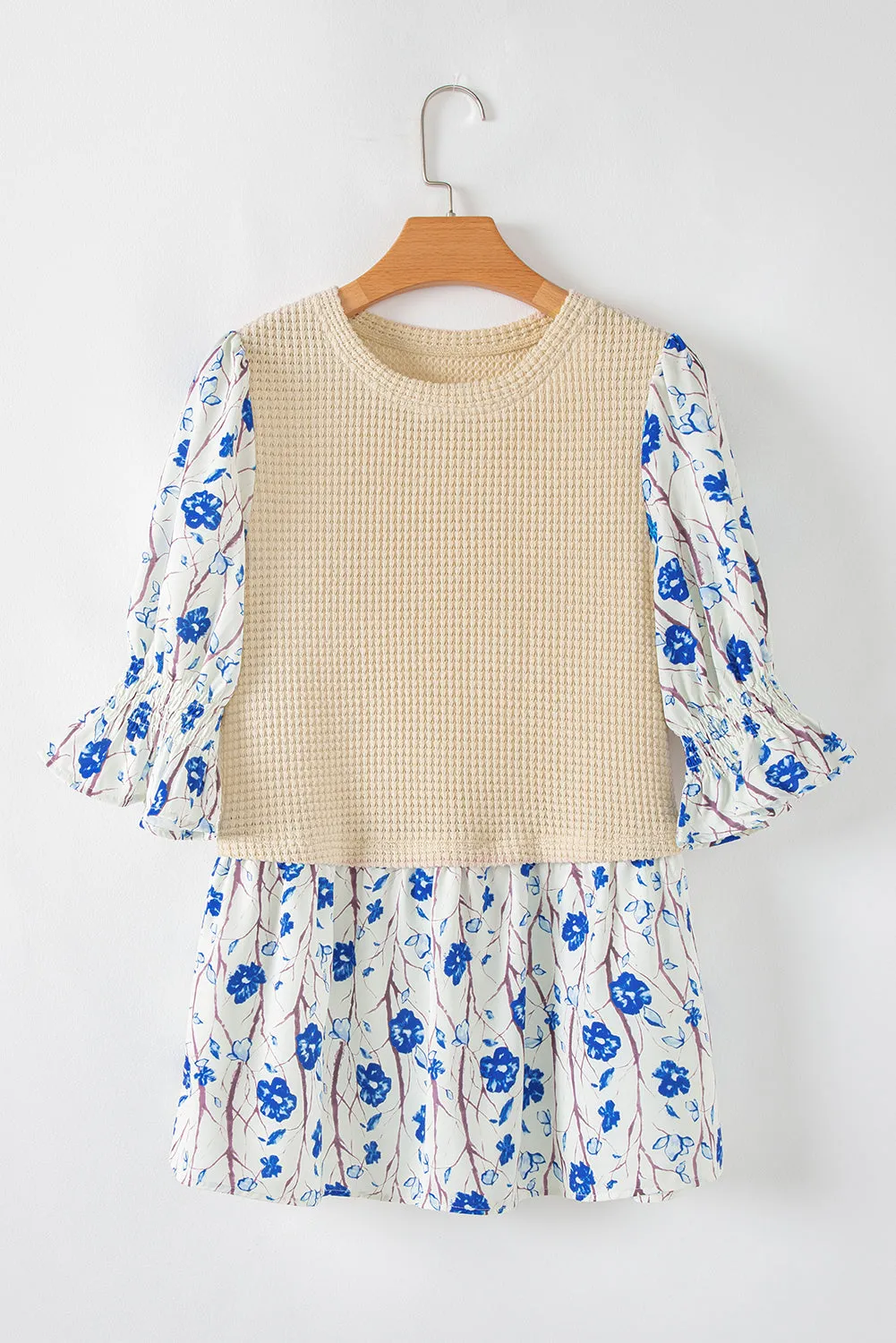 Beige Waffle Floral Patchwork Short Flounce Sleeve Peplum Blouse sold by Beagle Boutique product image thumbnail 3
