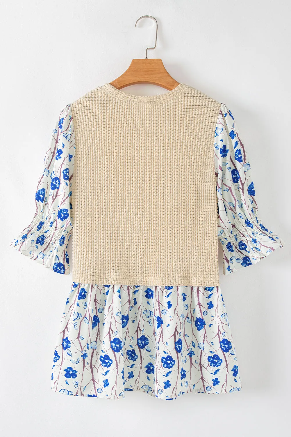 Beige Waffle Floral Patchwork Short Flounce Sleeve Peplum Blouse sold by Beagle Boutique product image thumbnail 4