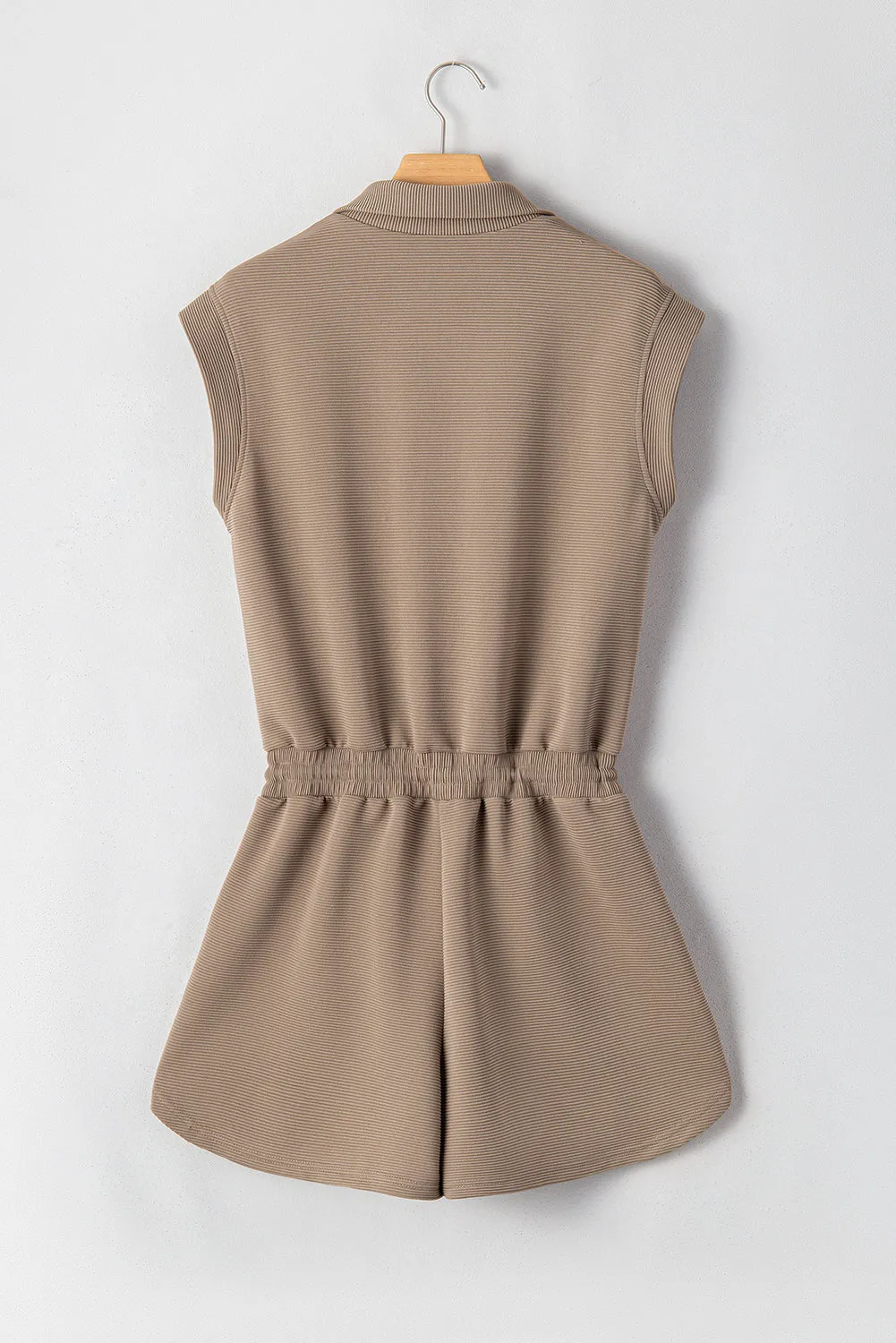 Dark Khaki Textured Short Sleeve Half Zip Drawstring Waist Romper sold by Beagle Boutique product image thumbnail 5
