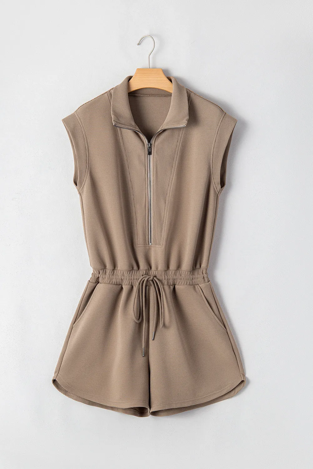 Dark Khaki Textured Short Sleeve Half Zip Drawstring Waist Romper sold by Beagle Boutique product image thumbnail 4