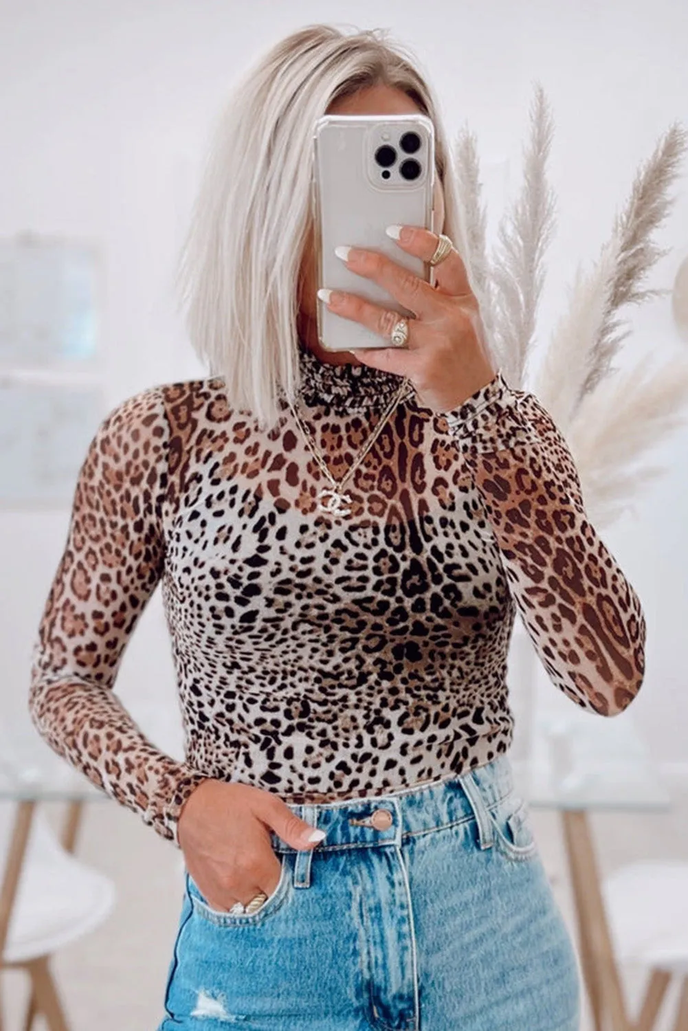 Brown Leopard Smocked Neck Mesh Long Sleeve Bodysuit sold by Beagle Boutique product image thumbnail 2