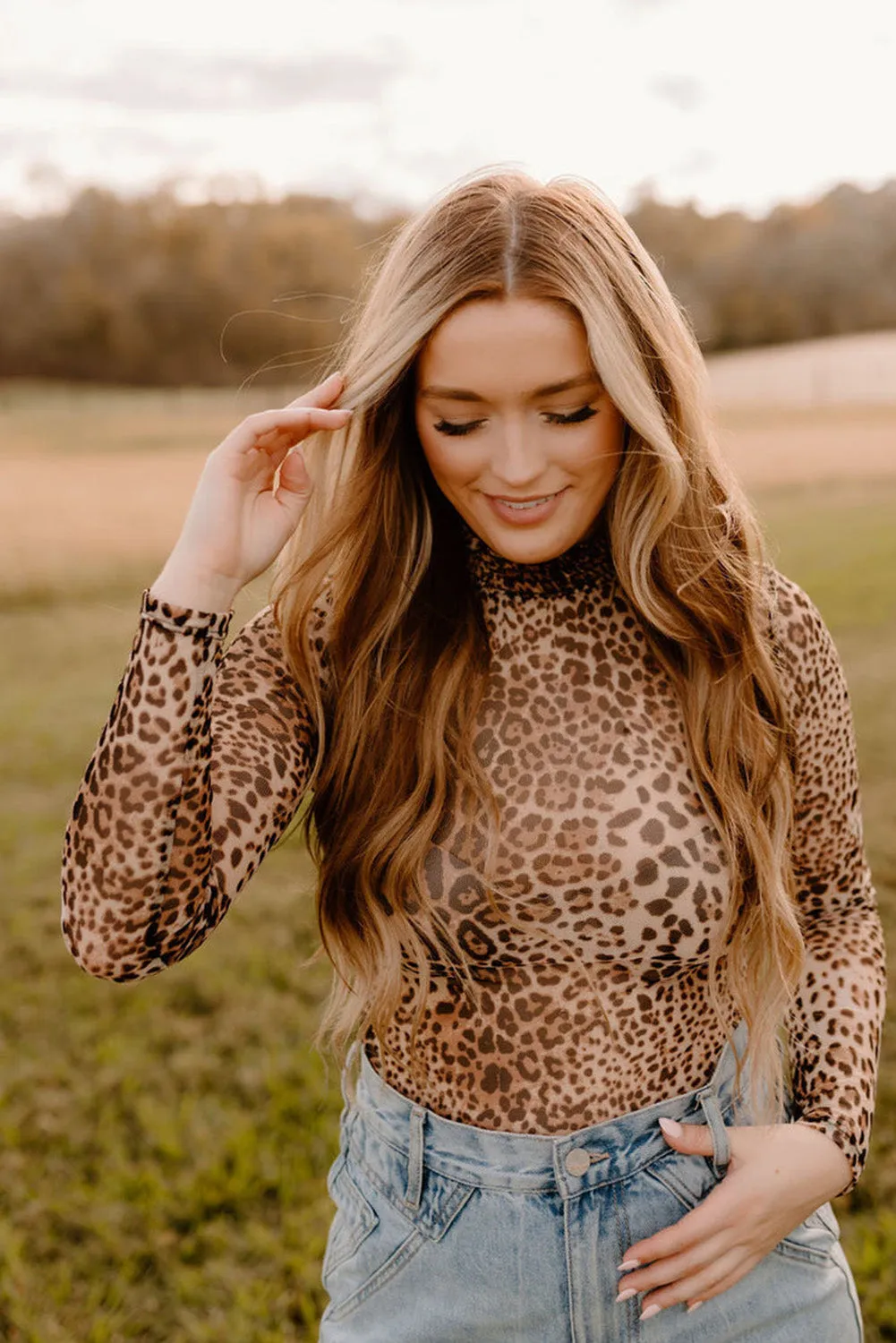 Brown Leopard Smocked Neck Mesh Long Sleeve Bodysuit sold by Beagle Boutique product image thumbnail 4