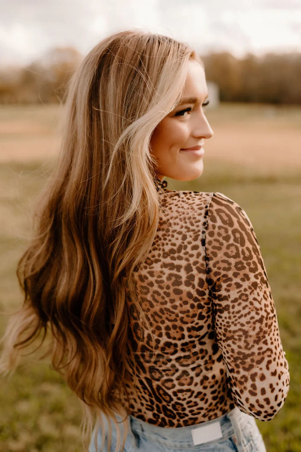 Brown Leopard Smocked Neck Mesh Long Sleeve Bodysuit sold by Beagle Boutique product image thumbnail 5