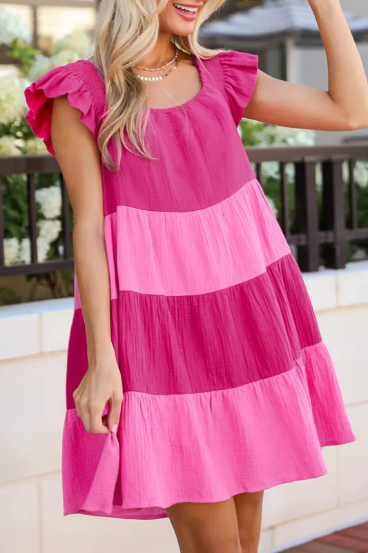 Pink Crinkled Colourblock Patchwork Flutter Tiered Mini Dress sold by Beagle Boutique