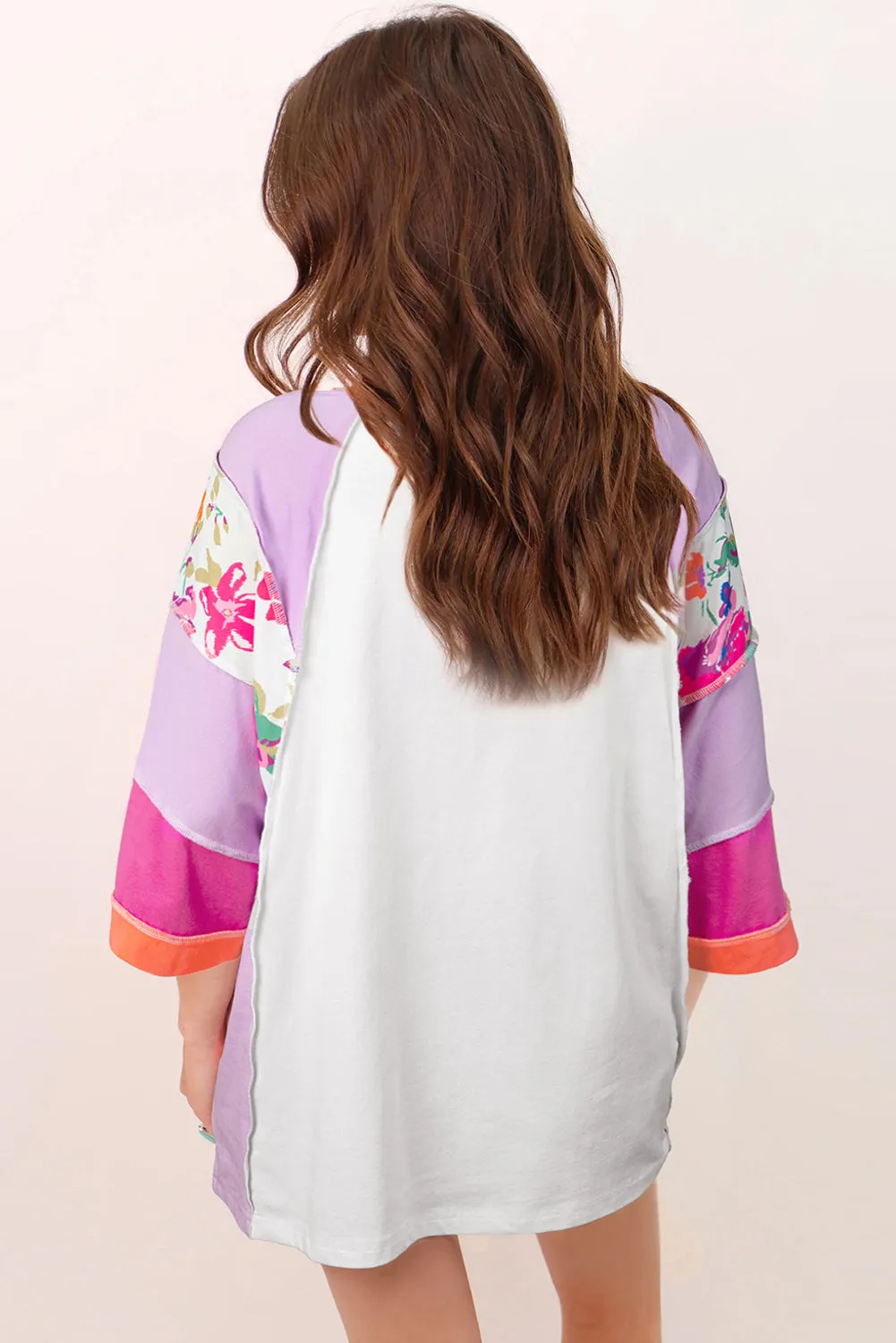 Sachet Pink Floral Color Block Patchwork 3/4 Sleeve Casual Blouse sold by Beagle Boutique product image thumbnail 2