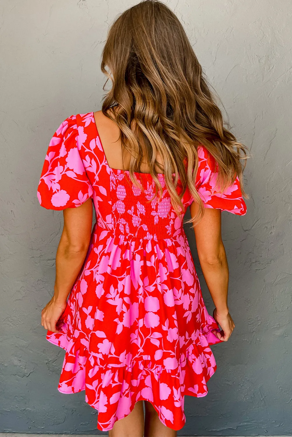 Red Floral Bubble Sleeve Sweetheart Neck Ruffled Mini Dress sold by Beagle Boutique product image thumbnail 5