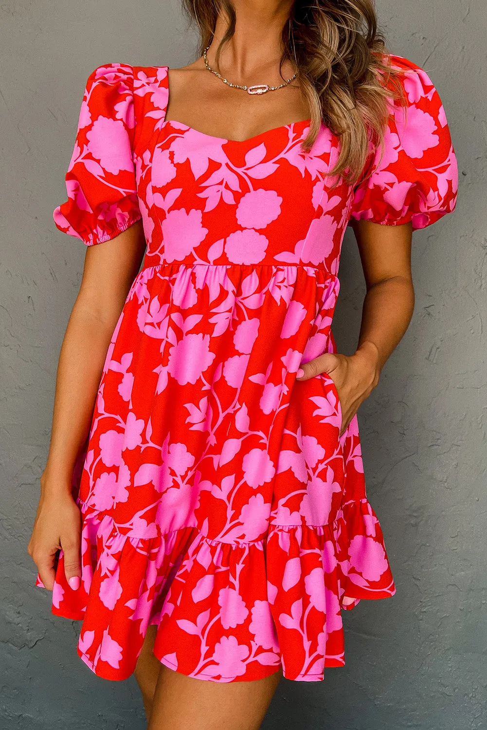 Red Floral Bubble Sleeve Sweetheart Neck Ruffled Mini Dress sold by Beagle Boutique product image thumbnail 4