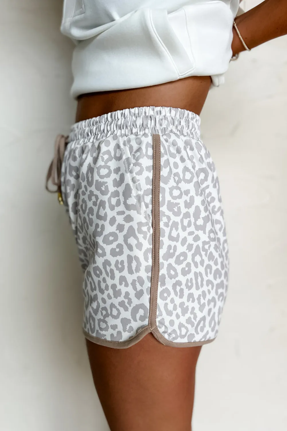 White Leopard Elastic Waist Lace up Contrast Trim Casual Shorts sold by Beagle Boutique product image thumbnail 3