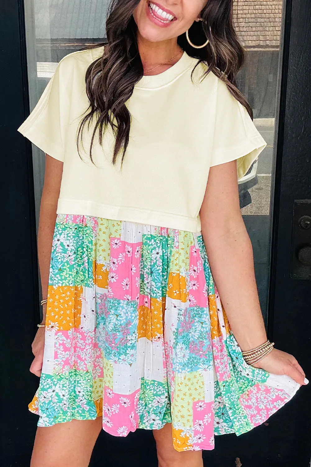 Green Floral Patchwork T Shirt Pleated Loose Fit Mini Dress sold by Beagle Boutique