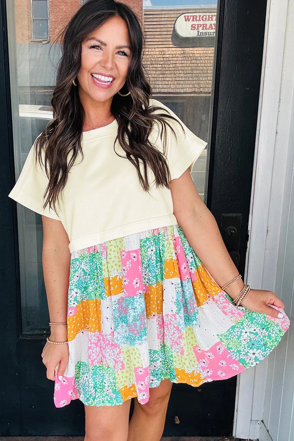 Green Floral Patchwork T Shirt Pleated Loose Fit Mini Dress sold by Beagle Boutique product image thumbnail 2