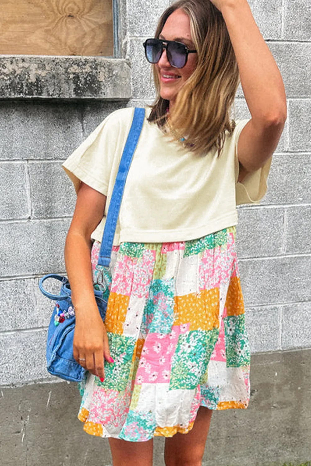 Green Floral Patchwork T Shirt Pleated Loose Fit Mini Dress sold by Beagle Boutique product image thumbnail 3