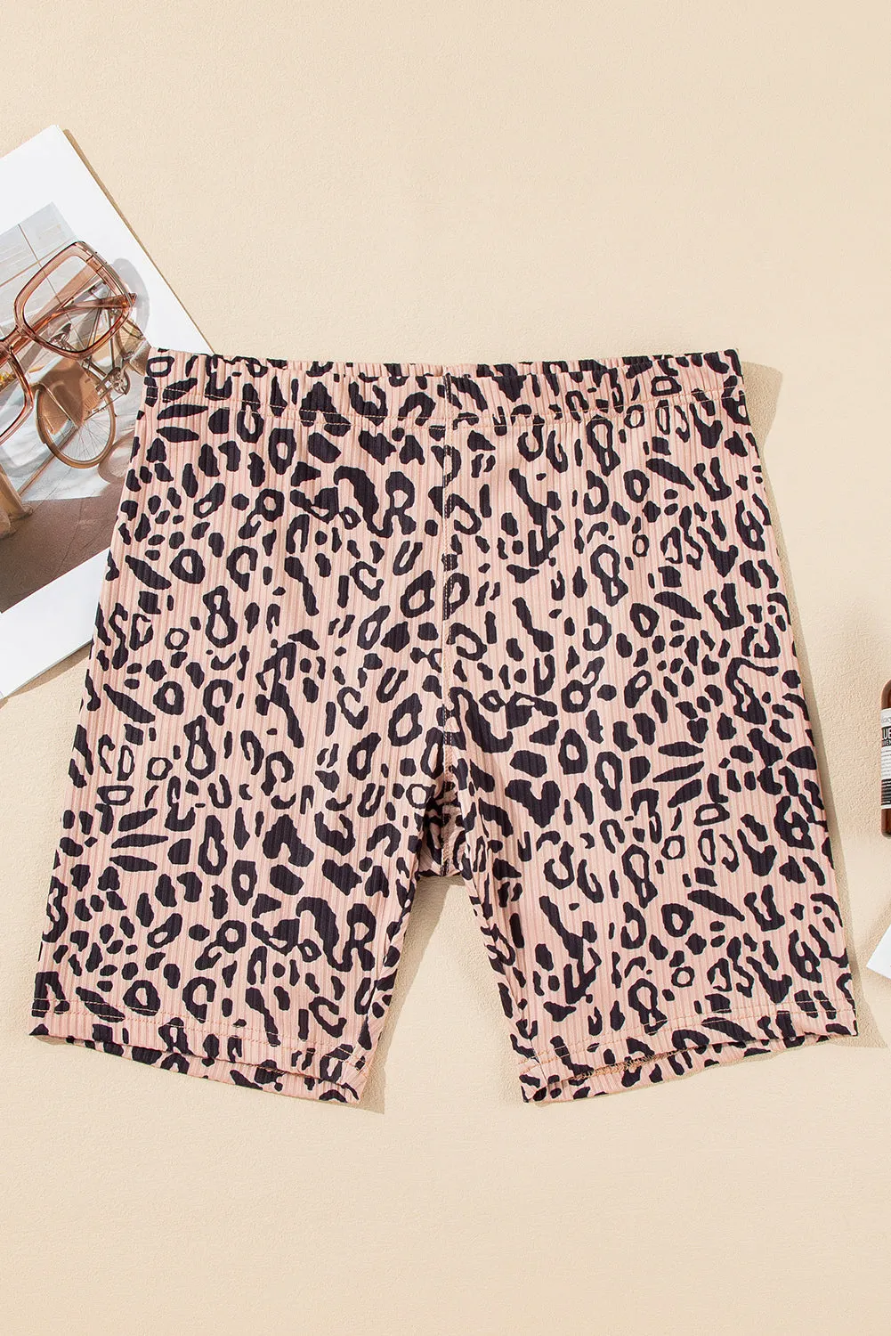 Khaki Leopard Print Ribbed Textured Knit Bicycl Shorts sold by Beagle Boutique product image thumbnail 3
