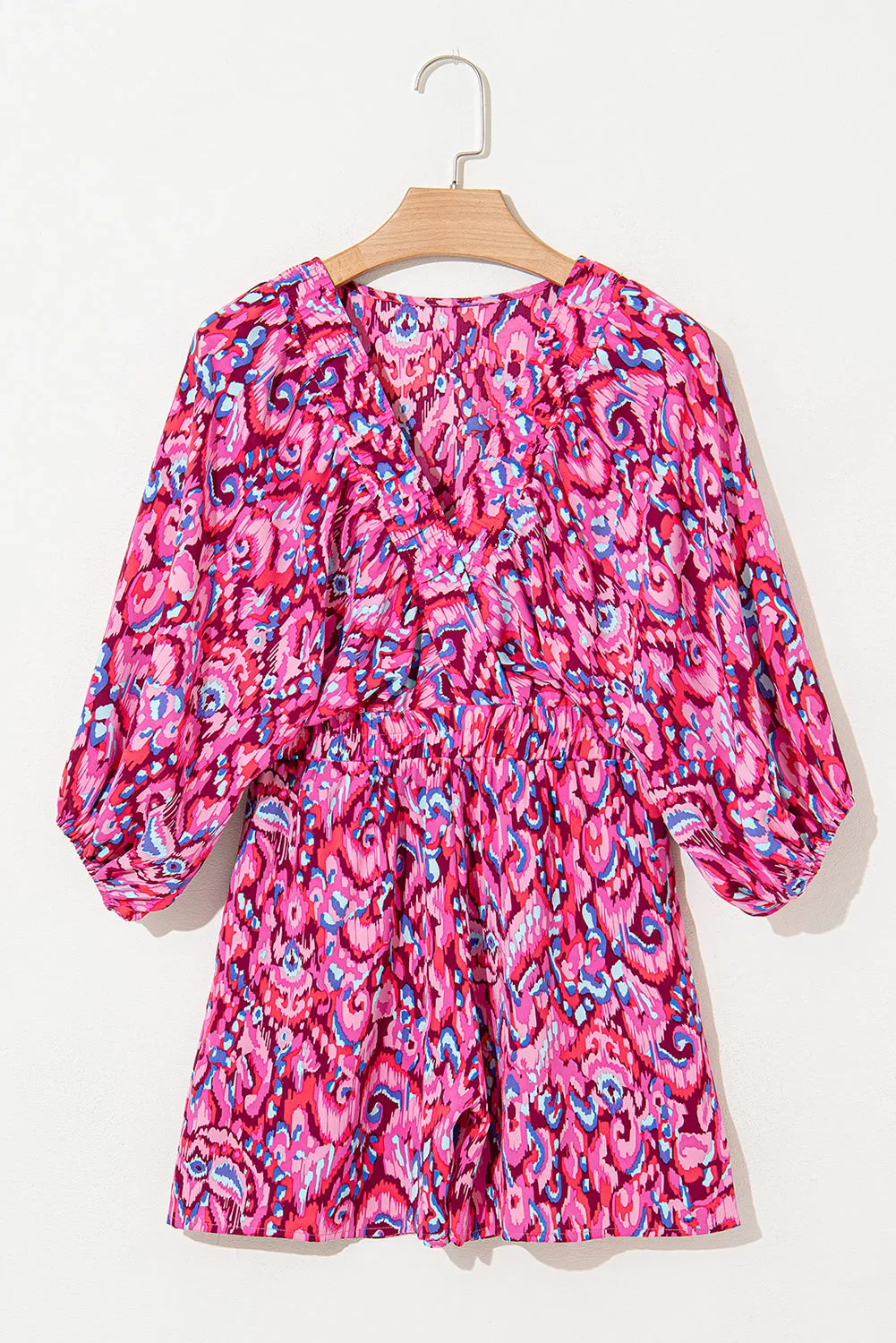 Pink Abstract Print Puff Sleeve V Neck High Waist Romper sold by Beagle Boutique product image thumbnail 4