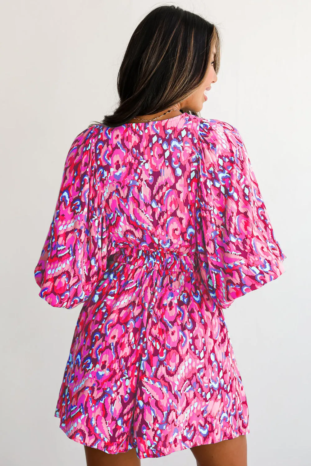 Pink Abstract Print Puff Sleeve V Neck High Waist Romper sold by Beagle Boutique product image thumbnail 2