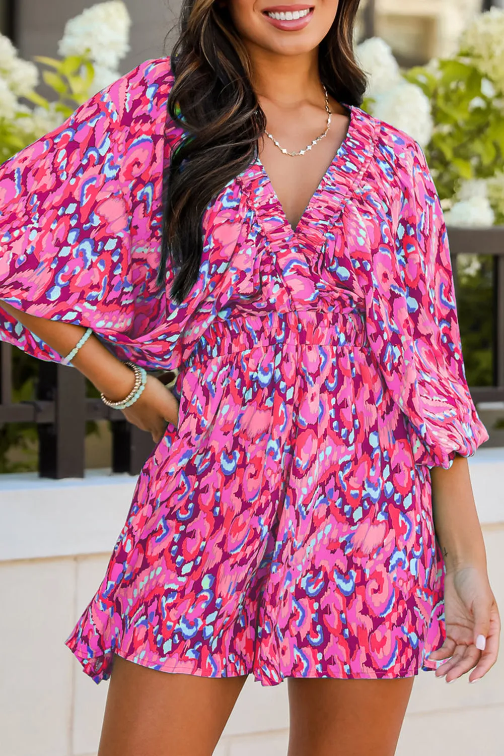 Pink Abstract Print Puff Sleeve V Neck High Waist Romper sold by Beagle Boutique