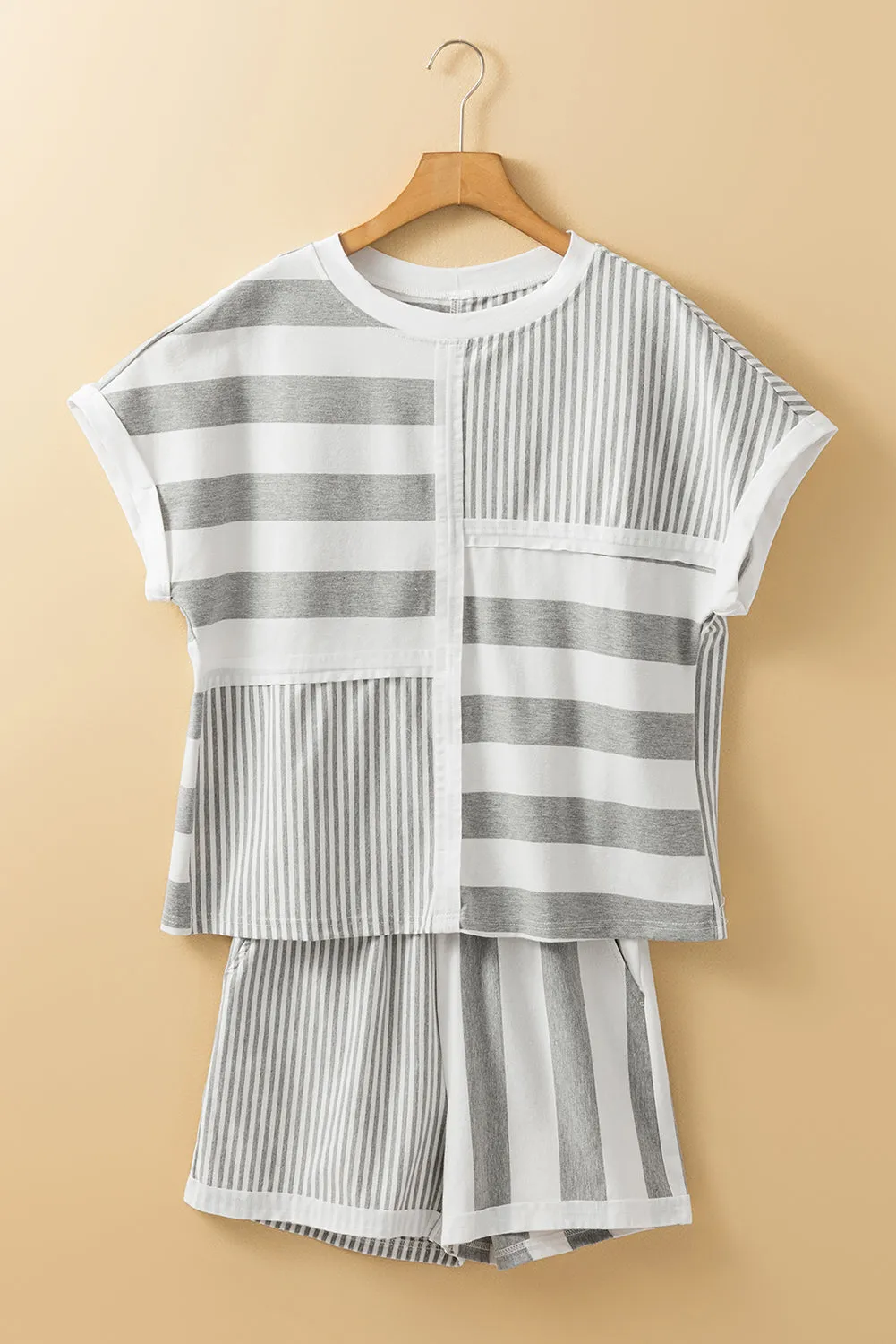 Grey Stripe Mixed Print Short Sleeve Top and Pocketed Shorts Set sold by Beagle Boutique product image thumbnail 4
