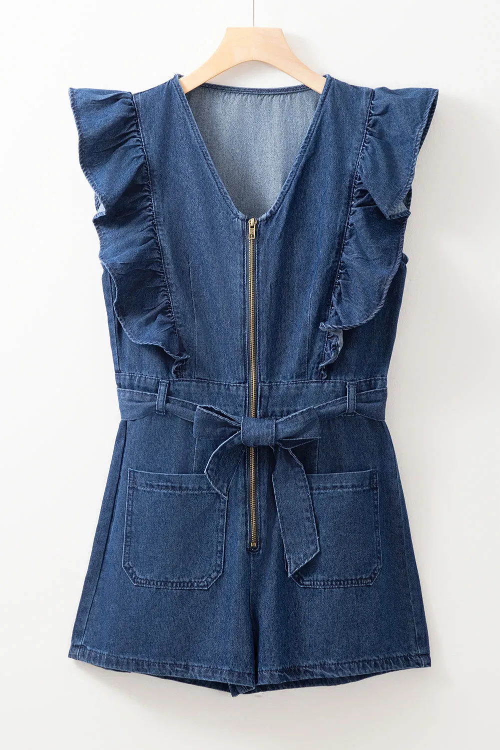 Sail Blue Denim Ruffled Zipped Front Belted Romper sold by Beagle Boutique product image thumbnail 4