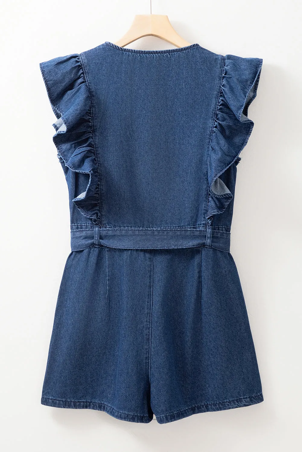 Sail Blue Denim Ruffled Zipped Front Belted Romper sold by Beagle Boutique product image thumbnail 5
