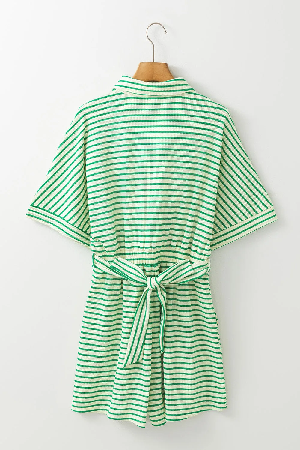 Green Stripe Textured Short Sleeve Collared Buttoned Waist Tie Romper sold by Beagle Boutique product image thumbnail 5