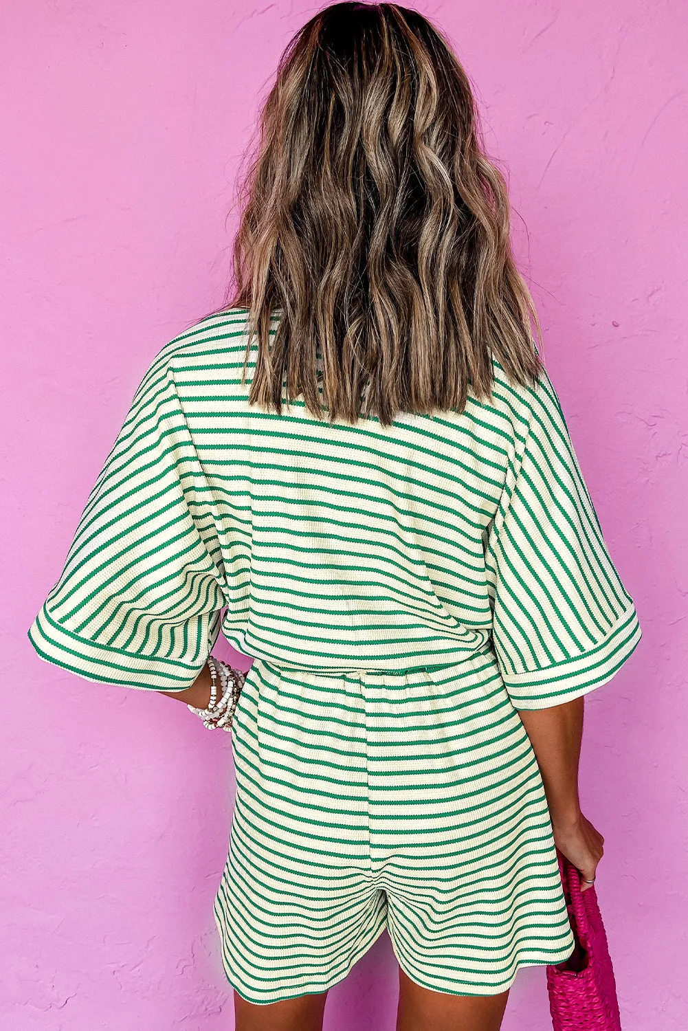Green Stripe Textured Short Sleeve Collared Buttoned Waist Tie Romper sold by Beagle Boutique product image thumbnail 2
